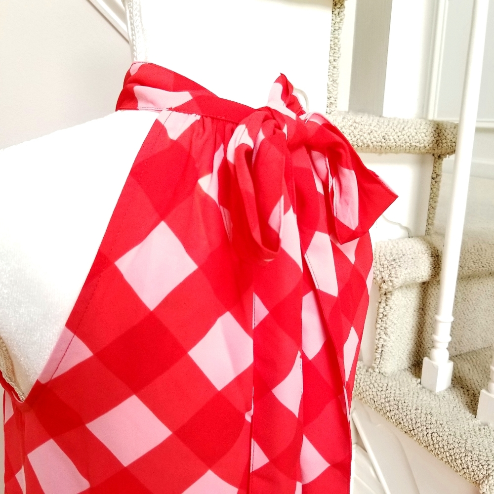 🆕️ J CREW RED GINGHAM TIE NECK TOP BLOUSE - Picture 4 of 6